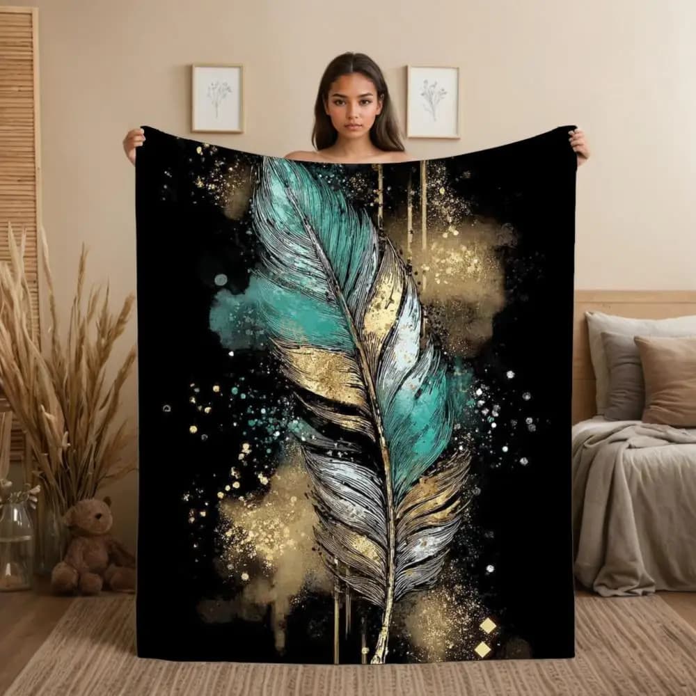 Artistic Feather Theme Pattern Flannel printed blanket suitable for all seasons suitable for living room office sofa and travel