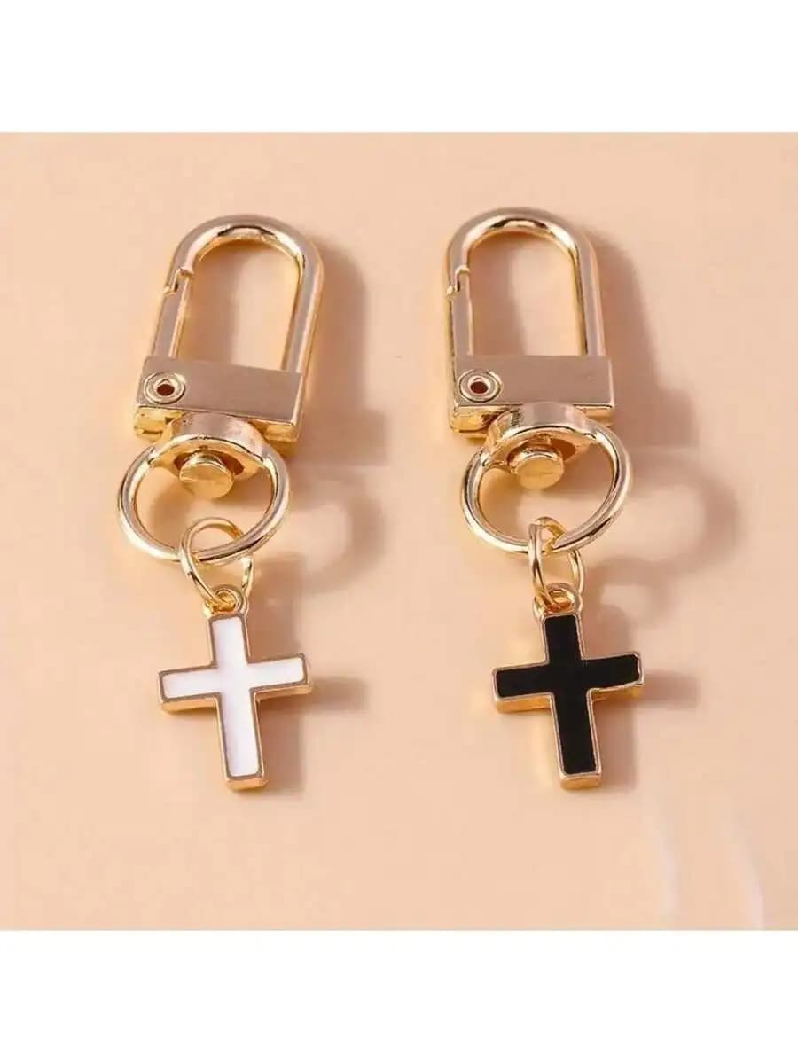 1pc Simple Cross Keychain Black & White Alloy Keyring Backpack Bag Pendant Gifts Charms For Women Girls Car Accessories Bag Char