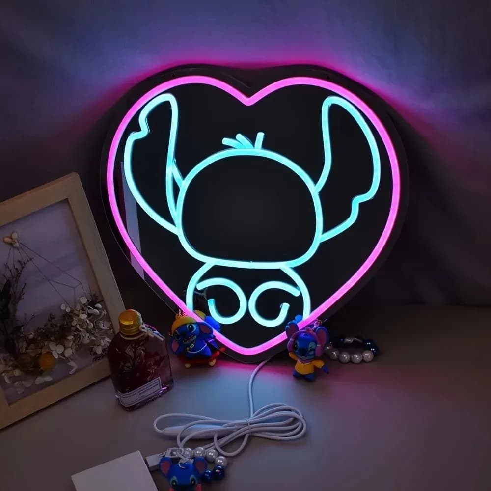 Specchio LED Anime Stitch con Luce al Neon, Specchio per Trucco Disney, Luce al Neon Dimmerabile, Regalo per Cameretta Bambini, Bagno, Corridoio, Soggiorno