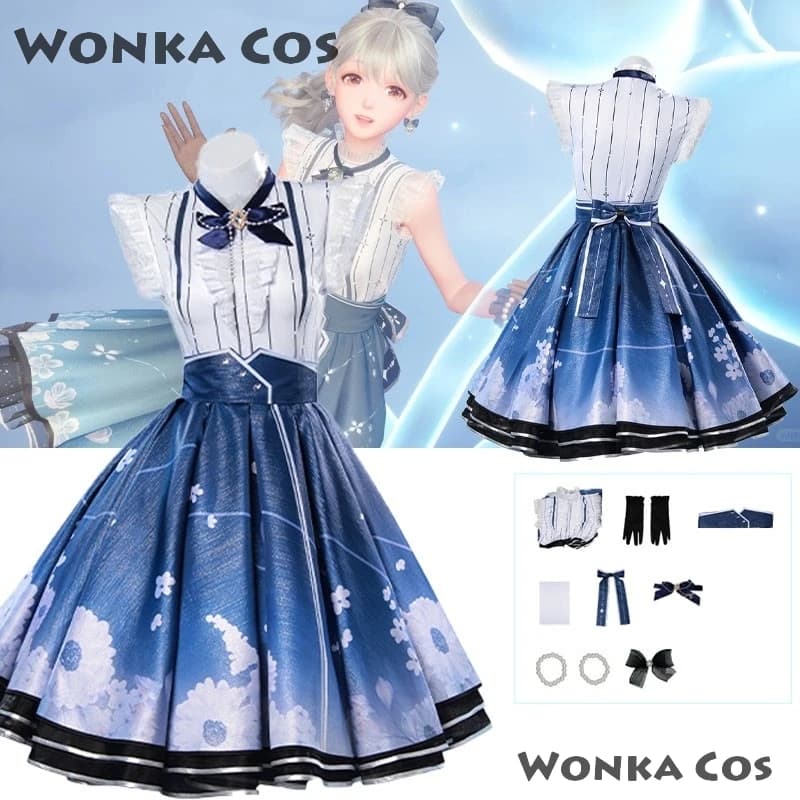 Parrucca del costume cosplay Infinity Nikki Gonna Lolita Abito blu Set Donne Kawaii Ragazze Dolce vestito Gioco di Halloween Bolle lucide