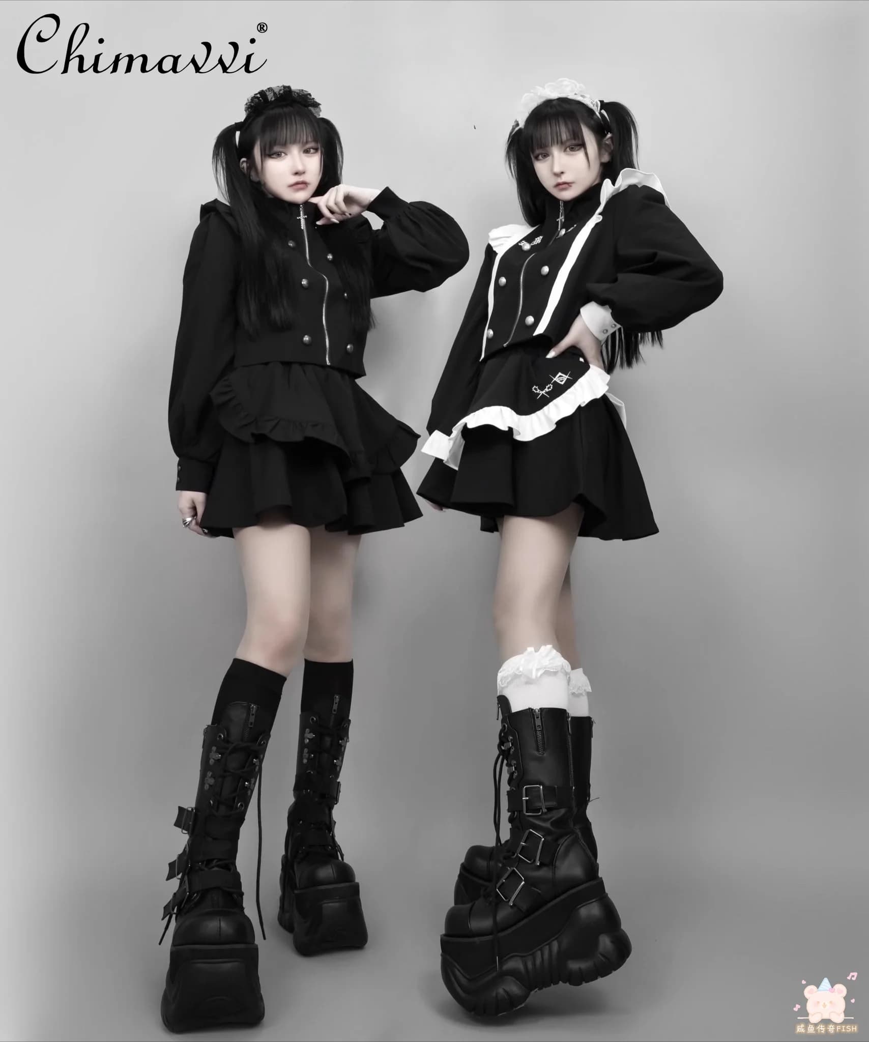 Harajuku Japanese Mine Women gonna set autunno Gothic Maid Stand Collar manica lunga Zipper Jacket Coat Cute Shirt 2 pezzi Suit