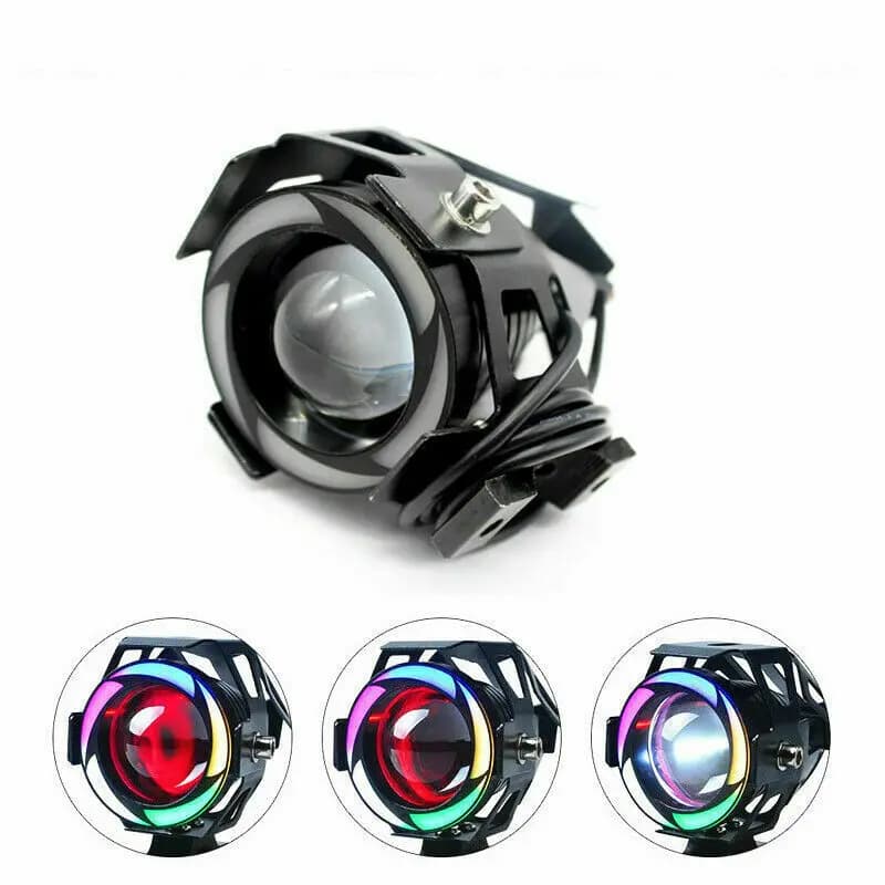 2 Pezzi Fari LED RGB per Moto U7-RGB, Luci Multicolore, Fendinebbia, Luci Angel Eye Stroboscopiche, Illuminazione Moto 12V