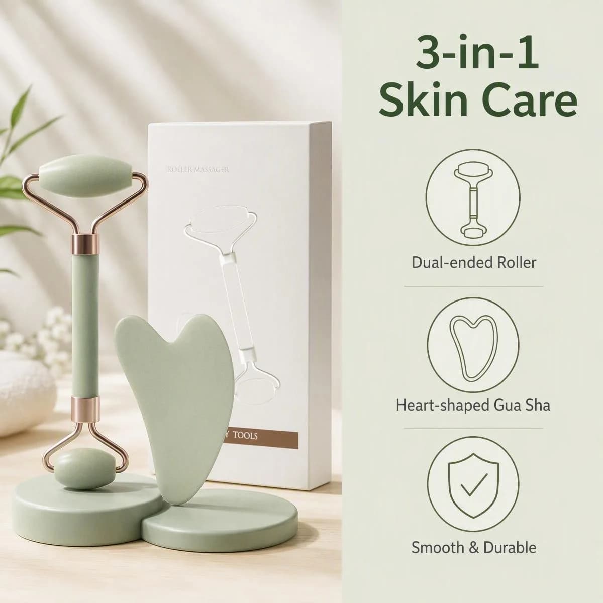 Facial Roller Gua Sha Set, Handheld Face Neck Body Massage Tool, Heart‑Shape Gua Sha Board Home Spa Skincare Beauty Tool