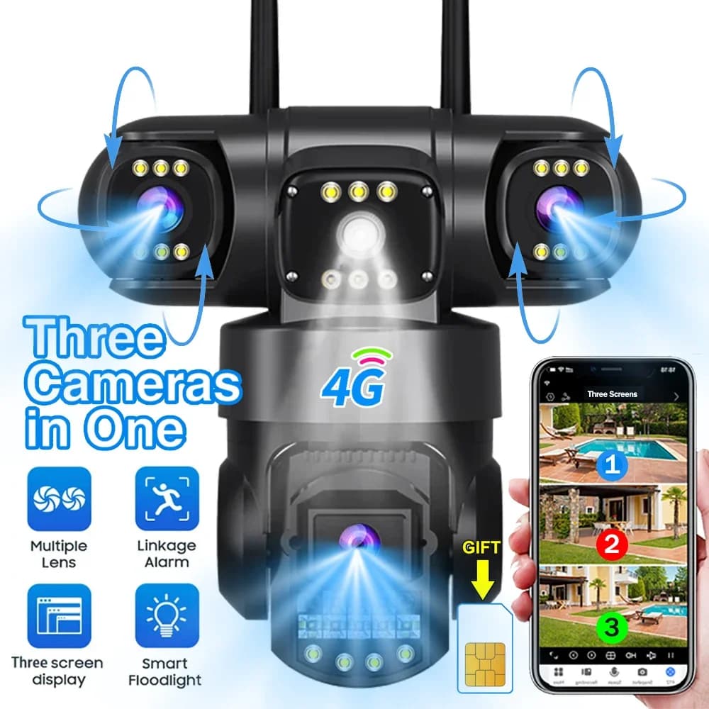 Telecamera 4G con scheda SIM 12MP 6K Tre obiettivi Monitor a tre schermi Visione notturna Protezione di sicurezza V380 Pro Video sorveglianza PTZ