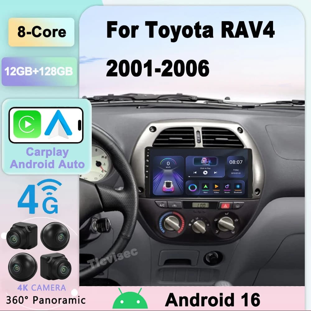 Android 16 Carplay Autoradio Lettore video multimediale Navigazione GPS per Toyota RAV4 2001 2002 2003 2004 2005 2006