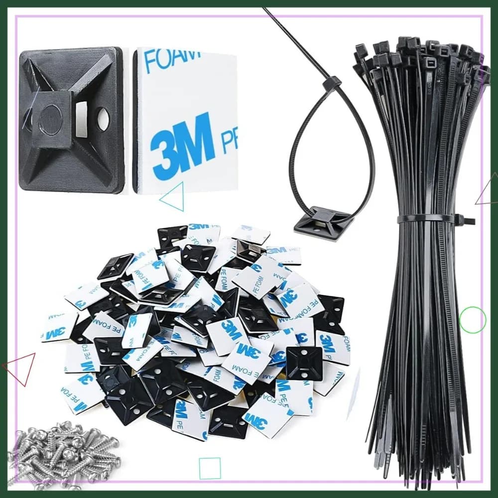 100 Pezzi di Supporti per Fascette Stringicavo da 3/4" con Adesivo Forte, Fascette da 8", Viti, Protezione UV, Clip per Cavi da Esterno