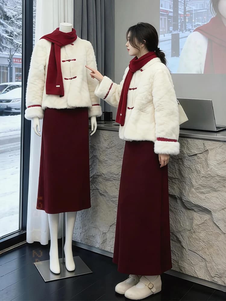 Set gonna rossa con capospalla bianco, stile nazionale cinese, autunno inverno, nuovo arrivo, completo da donna alla moda ed elegante