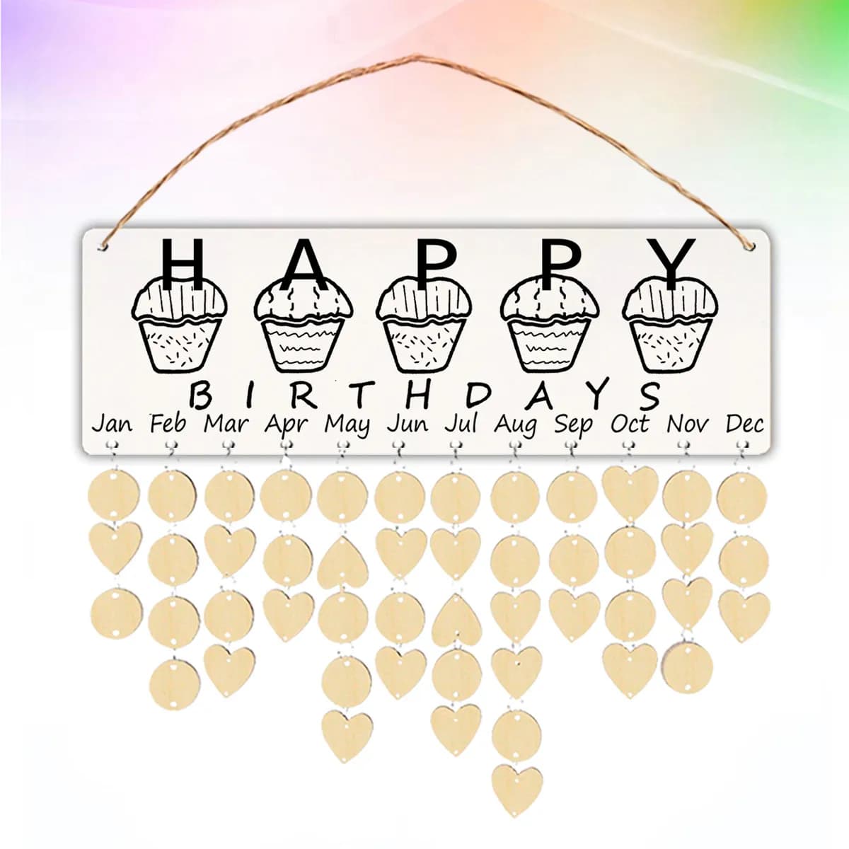 Wooden Hanging Calendar DIY Birthday Reminder Board with Natural Hemp Rope Wooden Board 50 Wood Chips 50 Iron Rings Home
