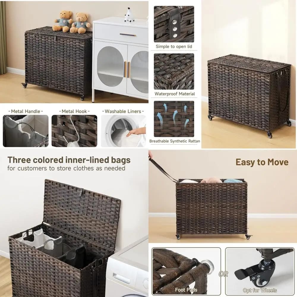 Basket for Bucato with Wheels from 52,8 Gallons with Cover, Removable Lining and Net Bags, Brown