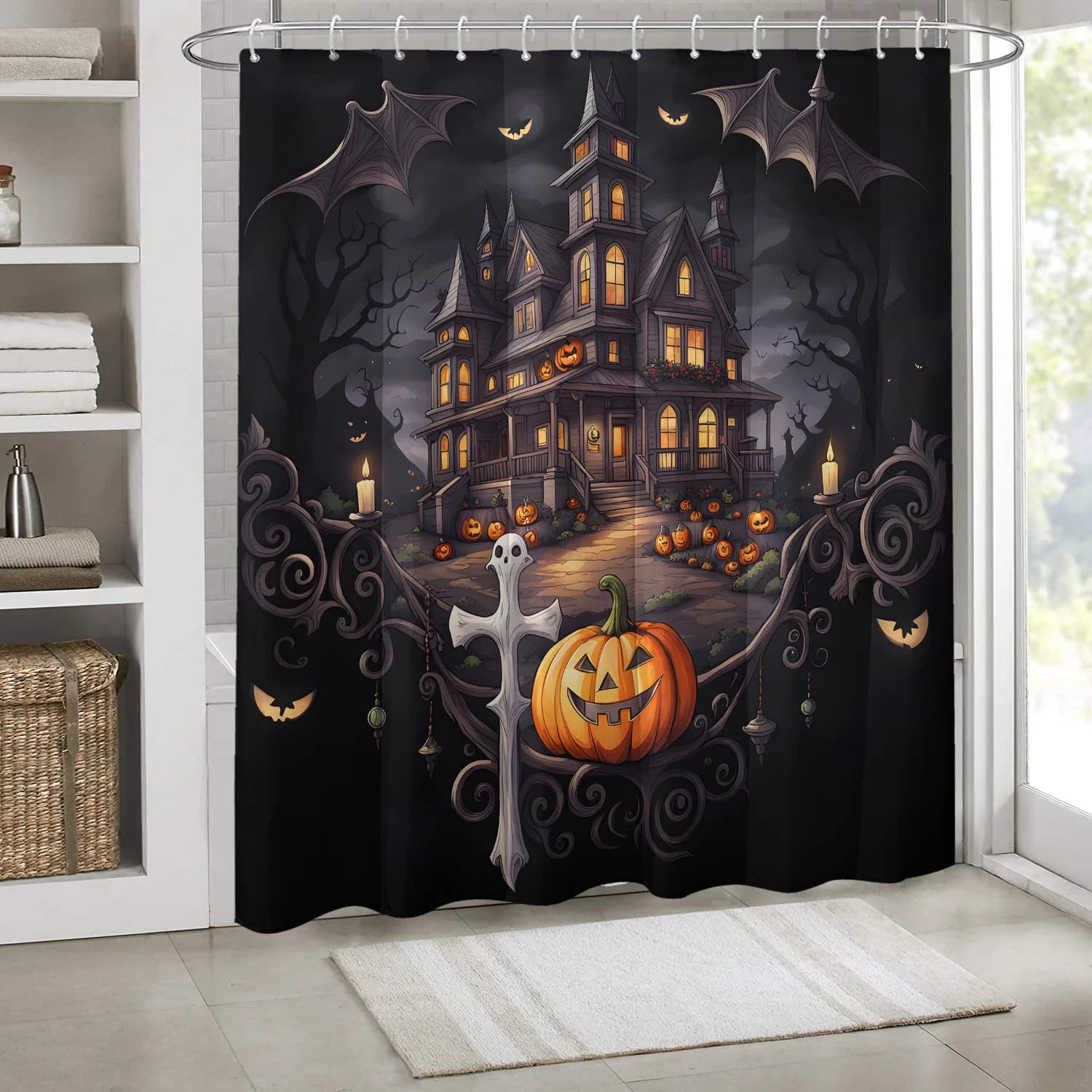 Halloween Shower Curtain Haunted House Pumpkin Ghost Bat Waterproof Fabric Bathroom Decor Gothic Horror Bath Screen With Hooks