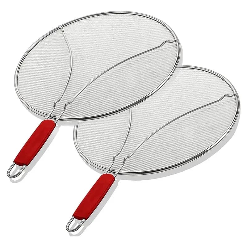 RMWIN-Universal 13" Splatter Guard with red handle for pans and pots - Protects from hot oil splashes, packing with 2