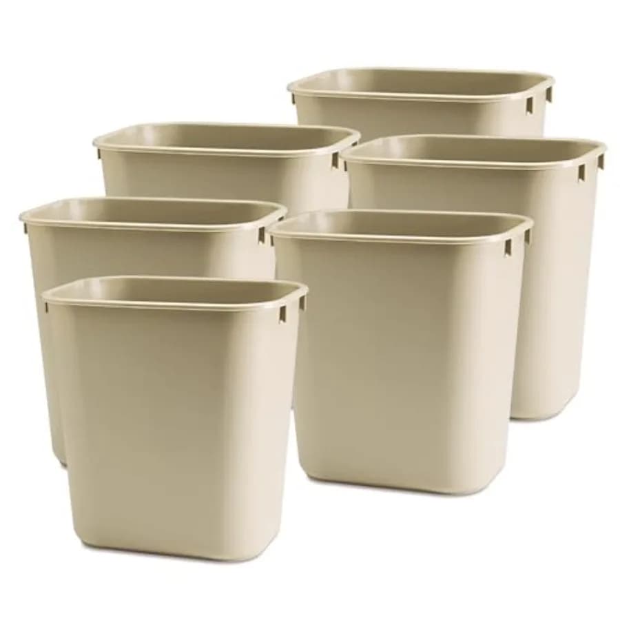 6 Pack Commercial Soft Molded Plastic Wastebasket, Rectangular, 3 1/2 Gallons, Beige 295500BG