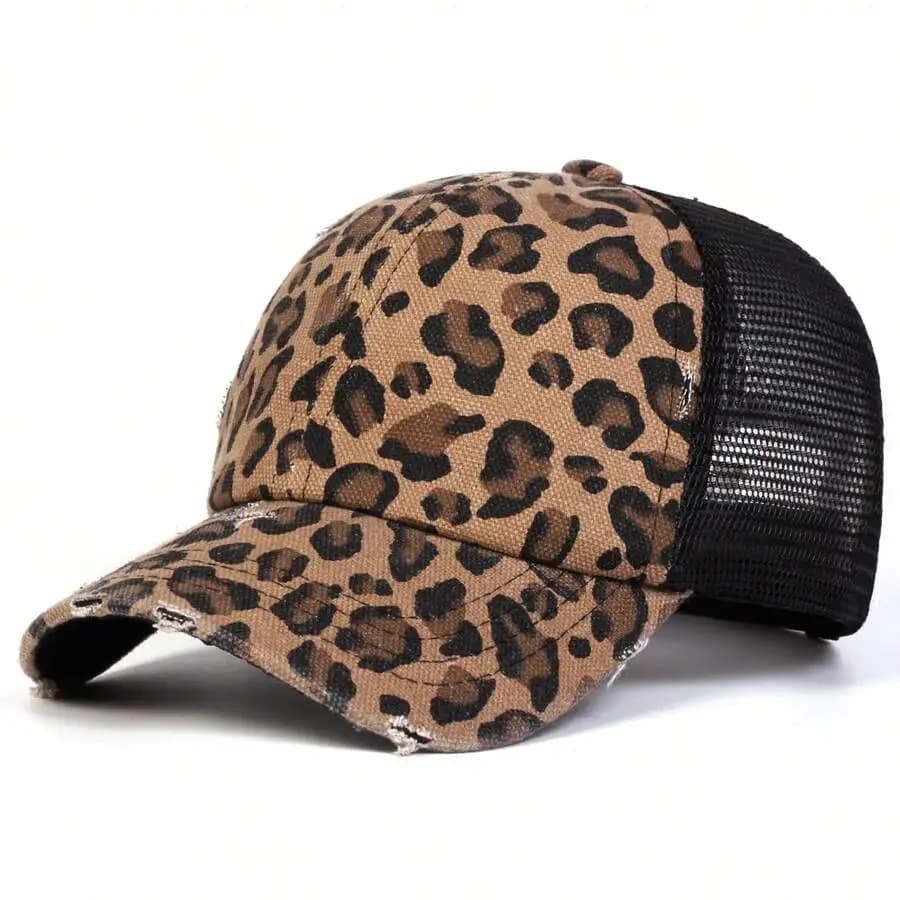 Cappello Trucker con Stampa Leopardata e Effetto Vissuto, Berretto da Baseball Ricamato, Cappello in Rete Streetwear, Protezione Solare, Cappello Casual