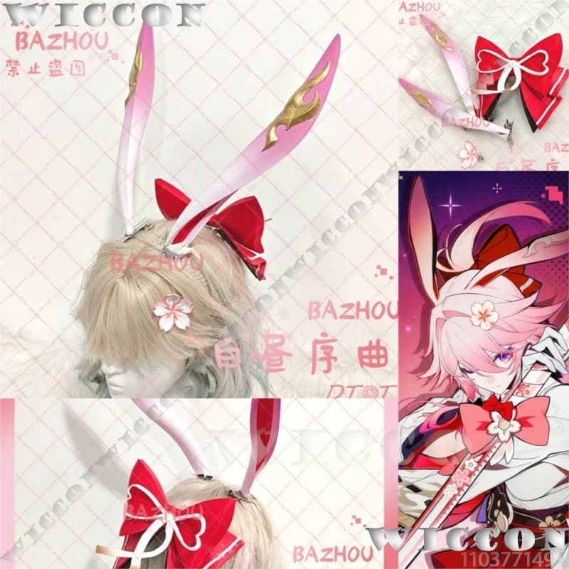 Orecchie Rosa Stampate in 3D per Cosplay di Evanescia dal Gioco Honkai: Star Rail, Accessorio Carino con Fiocco Rosso e Fiore, Accessori per Cosplay Femminile, Halloween