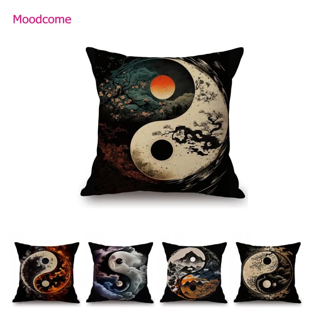 Nature Cycle Cosmic Harmony Yin Yang Five Elements Home Decoration Art Sofa Throw Pillow Case Cotton Linen Asian Cushion Cover