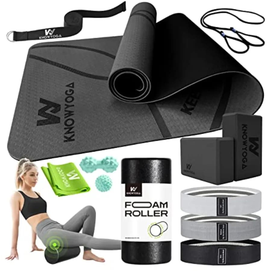 Kit Yoga per Principianti 12 in 1 - Set Yoga con Tappetino, Rullo in Schiuma, 4 Fasce di Resistenza, 2 Blocchi Yoga con Cinghia, 2 Massaggiatori a Nocciolina
