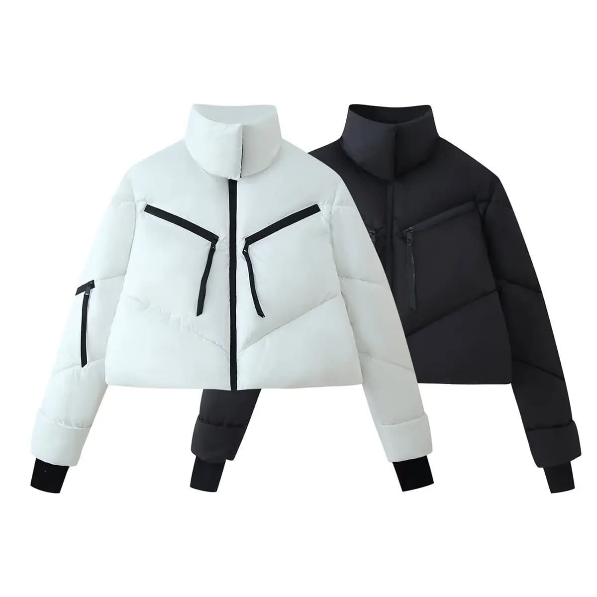 Fashionable women's cotton jacket with raised collar and zipper, casual style IQ4M
