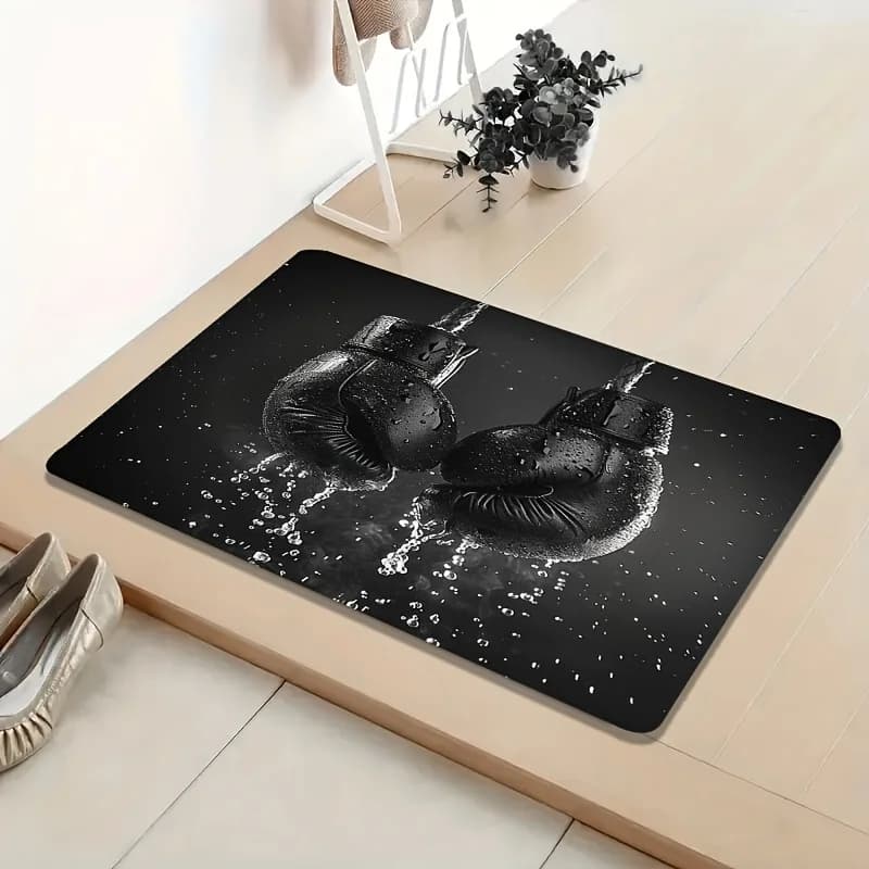 Artistic plug for the door with boxing gloves - Black sports anti-slip mat for gym, entrance and bedroom - Washable creative carpet for the house