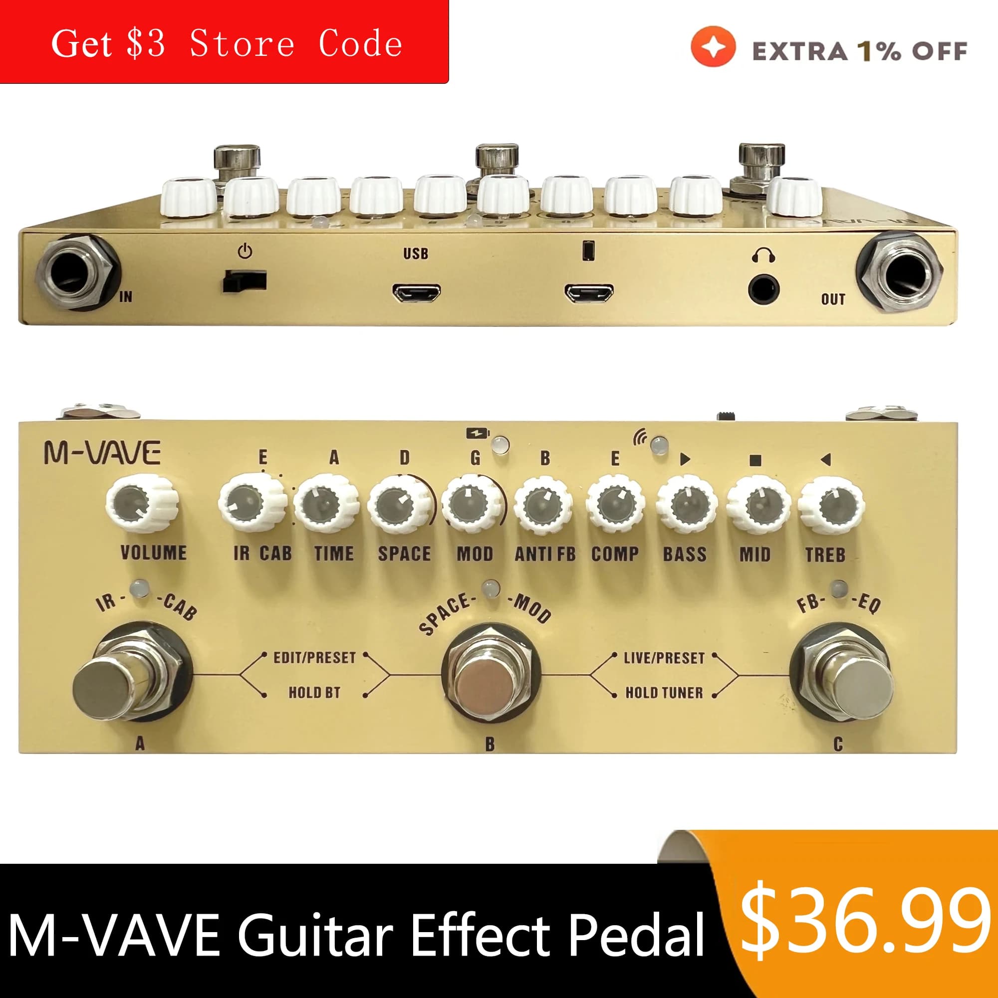 M-VAVE Cube BABY Pedale multieffetto ricaricabile per chitarra acustica in legno Funzione interfaccia audio di registrazione Pedale Cuvave