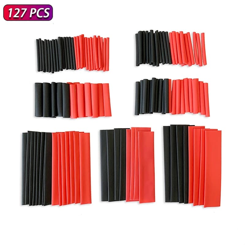 Assortment of 2:1 heat shrinking tubes from 127 pieces - Black and red polyolefin tubes for cable winding