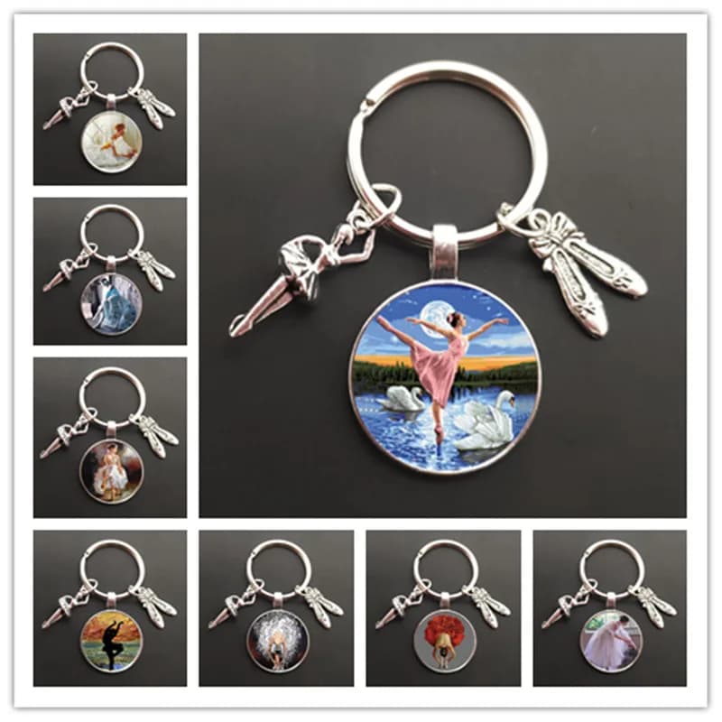 Danza ragazza balletto ginnastica azioni rotondo cabochon in vetro portachiavi borsa portachiavi per auto portachiavi Charms portachiavi per regalo