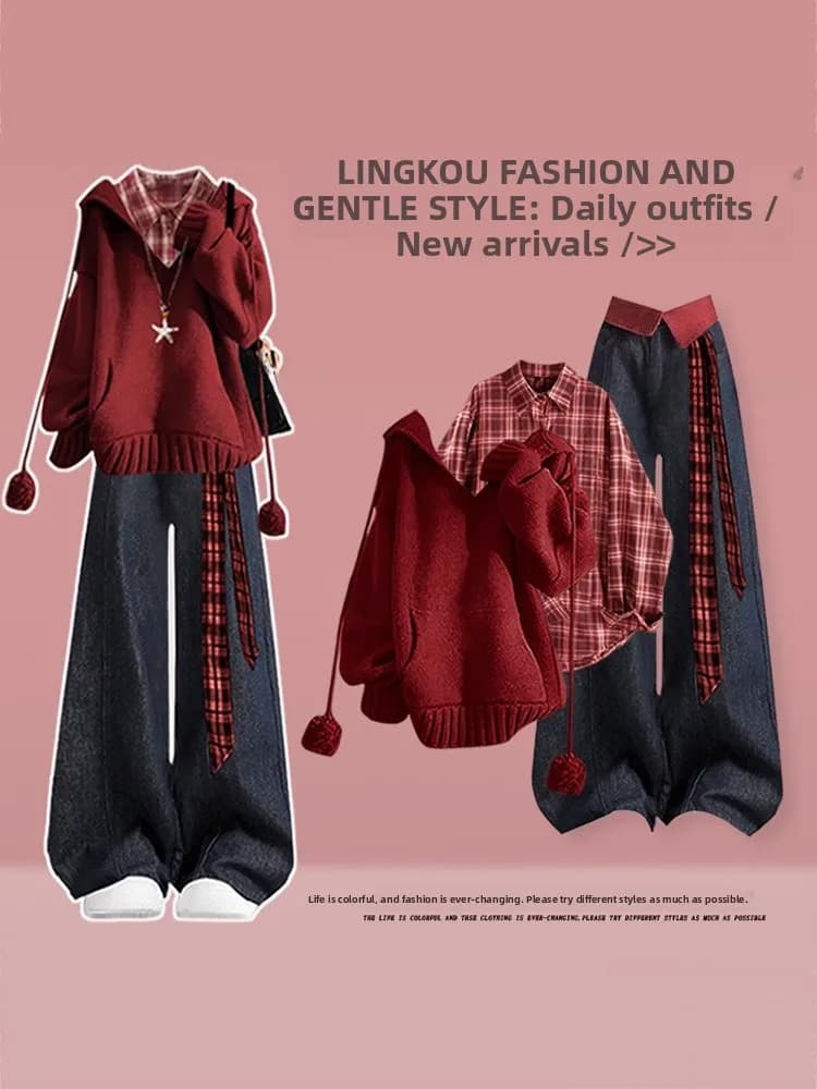 Large Size Autumn Winter Atmosphere Set Women's Christmas Anti-Aging Red Hoodie Plaid Shirt Jeans Three Piece Set Korean Styl...