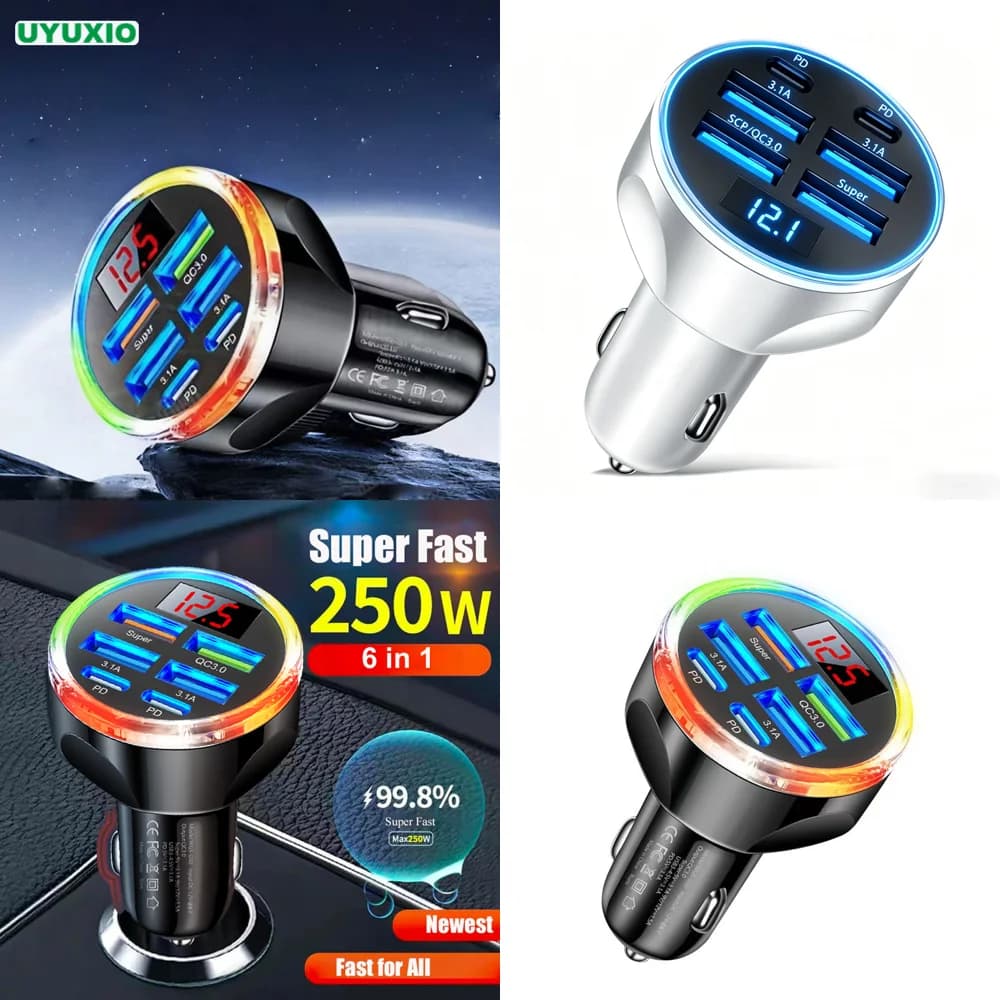 Caricabatterie da Auto USB Multi-Porta con Doppia PD e Display di Tensione, Ricarica Super Veloce per iPhone, Prodotto di Tendenza