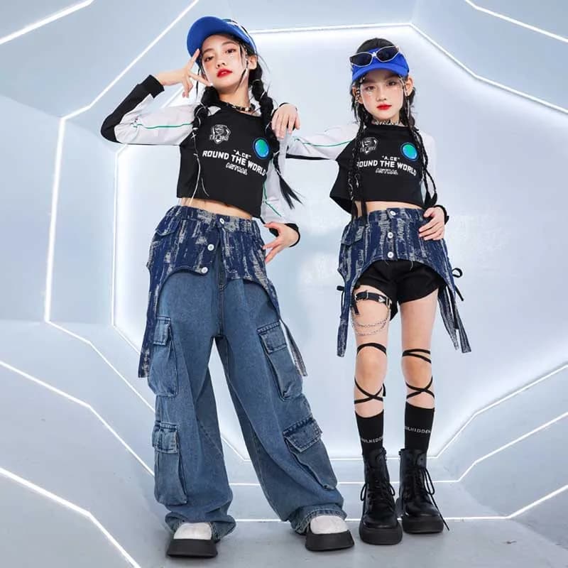Jazz Street Dance Suit ragazze vestiti di moda bambini Hip Hop Dance Costume Kpop Stage Outfit top pantaloncini neri pantaloni Jeans 806