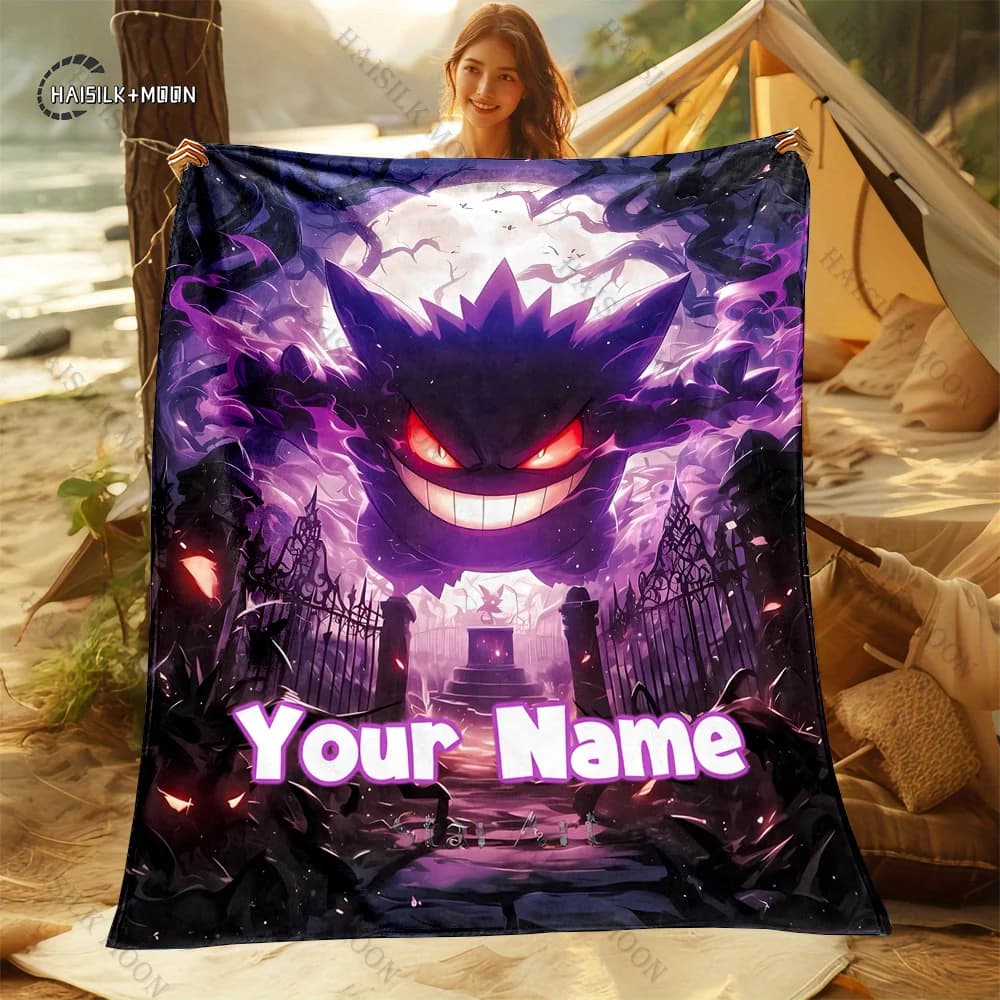 Coperta stampata Pokemon Gengar con nome personalizzato, multiuso per tutte le stagioni, per pisolino, campeggio, viaggi, auto, divano, lavabile in lavatrice Potdemiel