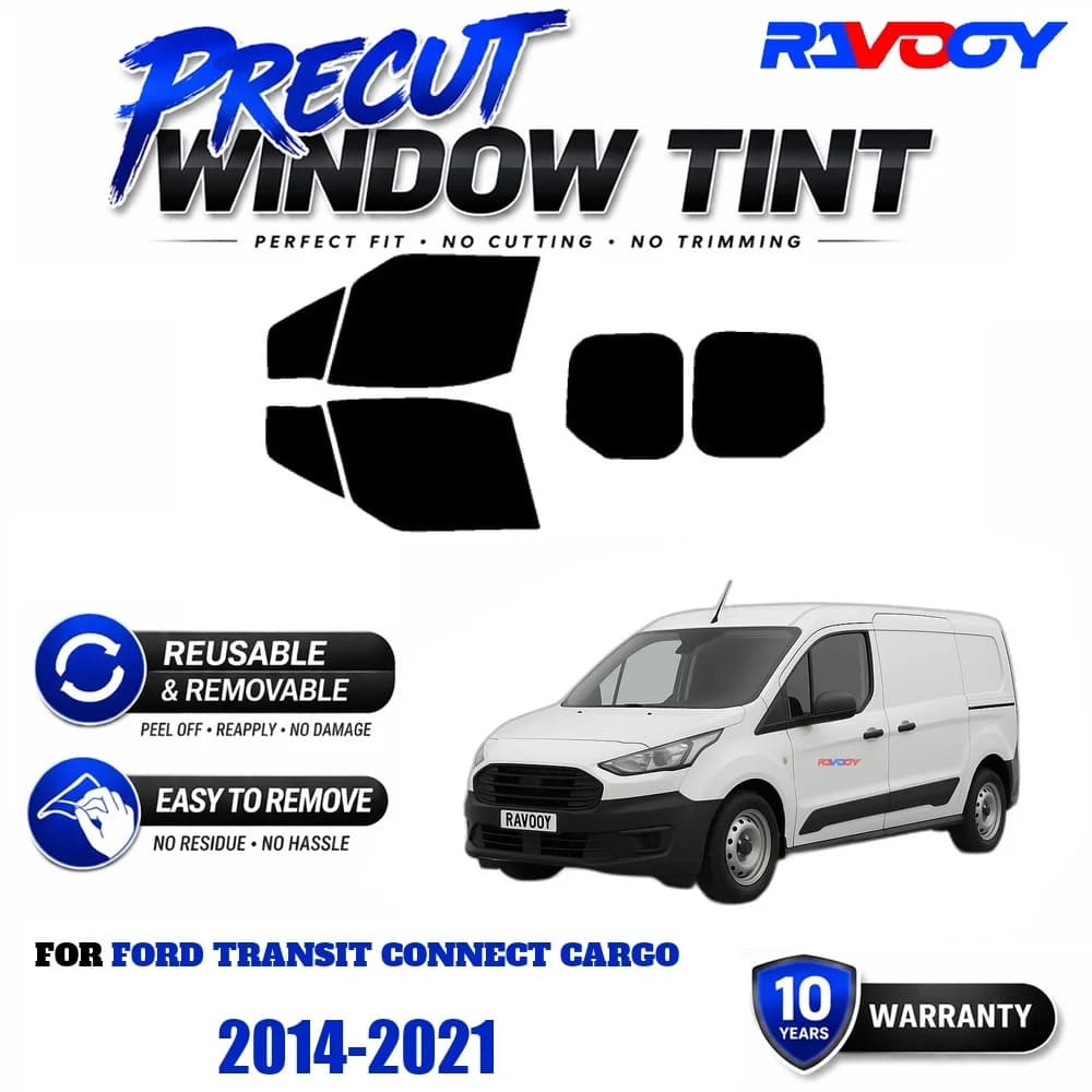 RAVOOY Precut Window Tint, Reusable Removable EPU Film, Custom Fit for Ford Transit Connect Cargo 2014-2021, UV Heat Protection