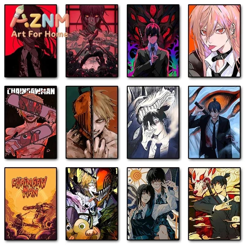 AZNM Chainsaw Man Anime Canvas Wall Art Makima Denji Aki Power Manga Characters Canvas Print Bedroom Wall Decor Poster