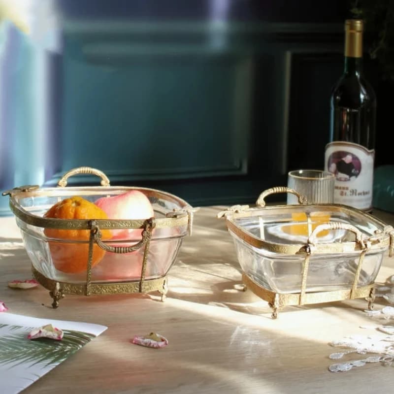 Set di stoviglie in ottone e vetro - Piatto per frutta a due manici, Vassoio per insalata e snack, Piatti per frutta secca, Ciotola per dessert, Piatto per dim sum e Decorazione