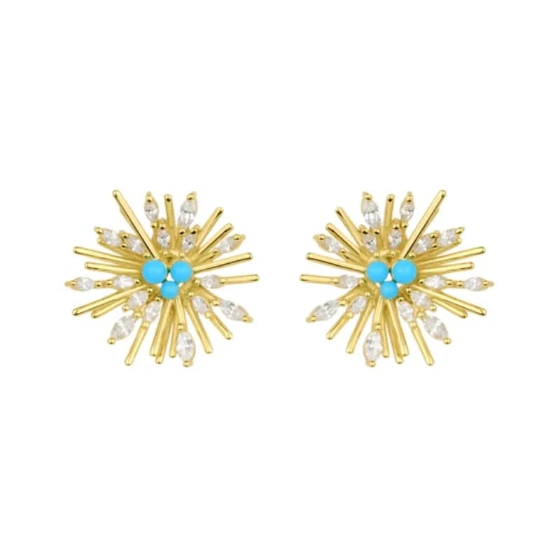 Orecchini a Perno BELLUX in Argento 925 Placcato Oro, Forma a Fuochi d'Artificio con Turchese e Zirconi Sintetici, Gioielli Boho Unici