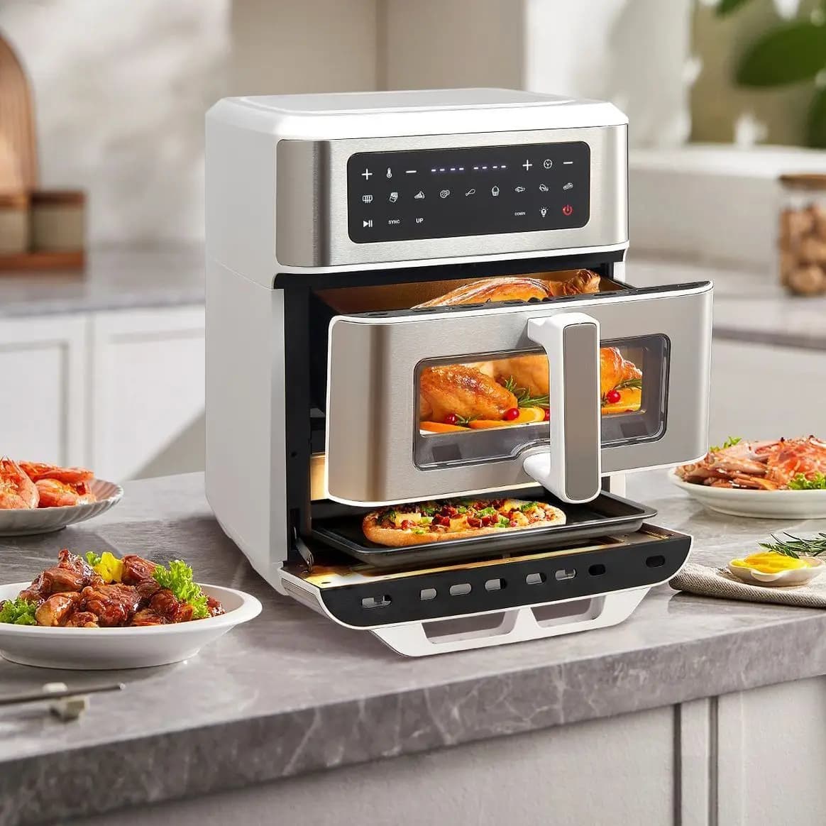 Multifunction Air Fryer for Domestic Use, 3D Electric Oven with Double Basket with Visible Window