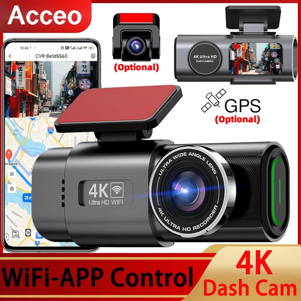 Dash Cam 4K with Built-in WiFi Car DVR Night Vision G-Sensor Supports GPS 24H Parking Monitoring Black Box for Car