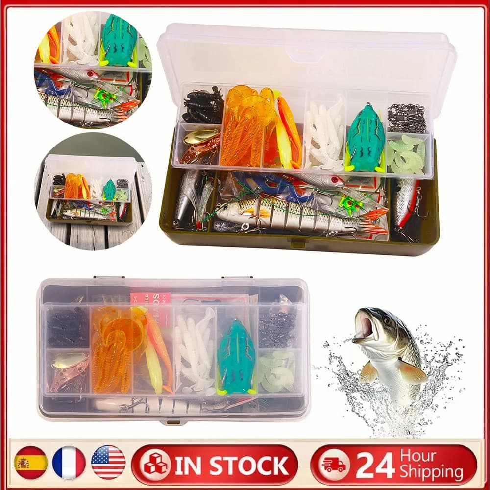 Kit of Mixed baits for fishing: Soft and Dure baits, Ami, Reels with Box Door Tools for Bass, Luccio and Fishing Accessories for Crank