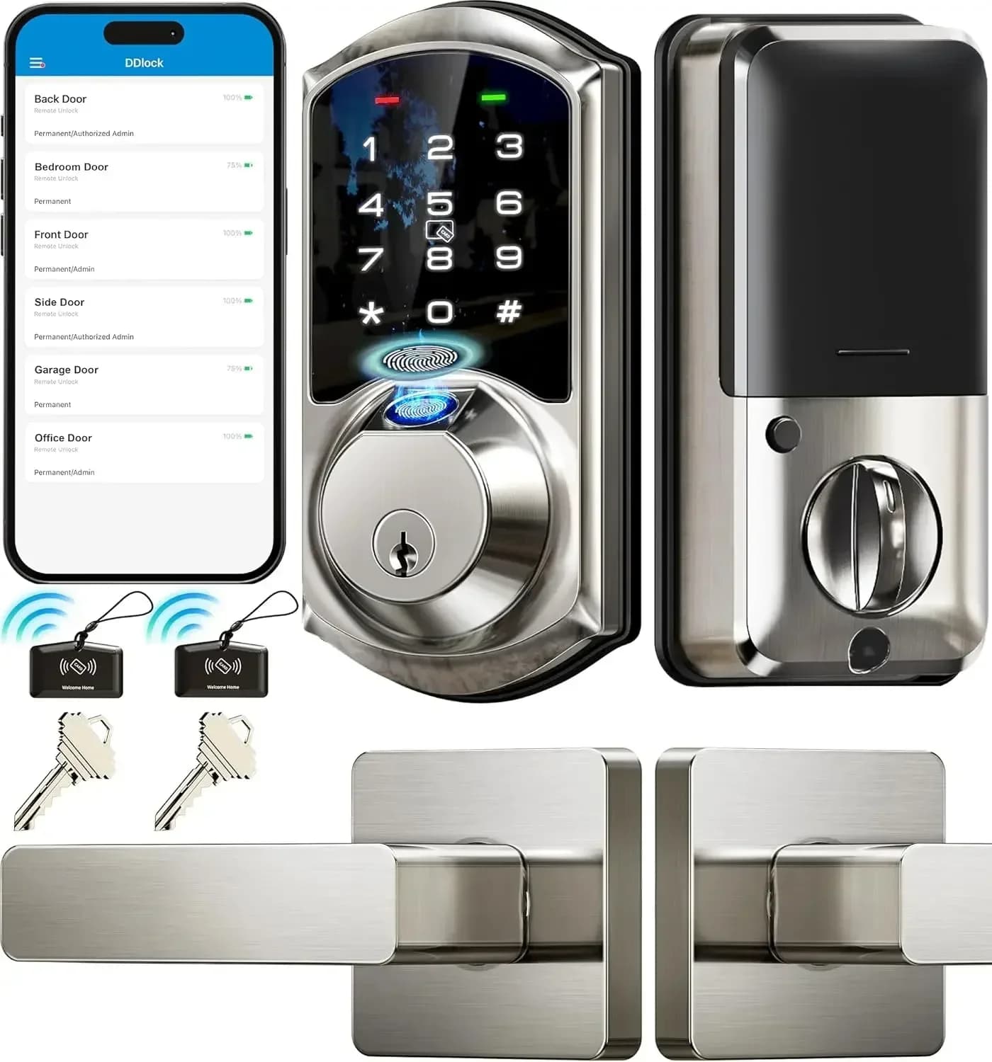 VE07-L Serrature Intelligenti con Impronta Digitale per Porta d'Ingresso con Set Maniglia in Lega di Zinco, Controllo App, Accesso Senza Chiave, Tastierino Digitale Elettronico