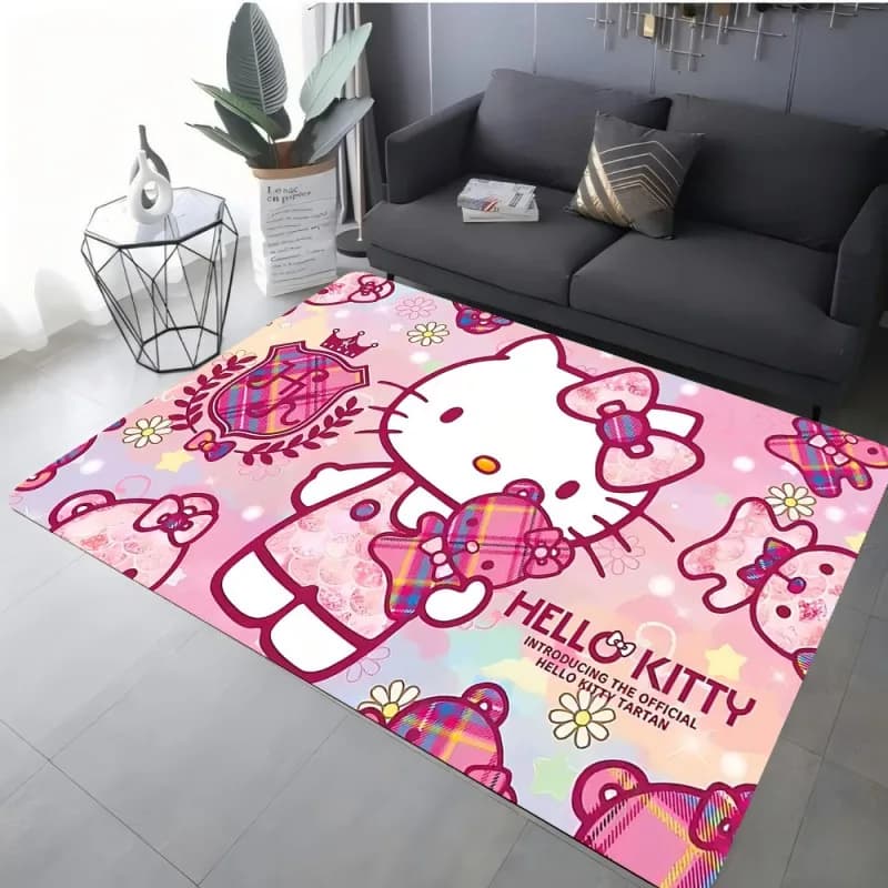Preppy Plaid Kawaii Style Gradient Pink Background Large Hello Kitty Daisy Print Non Slip Living Room Bedroom Floor Rug Mat