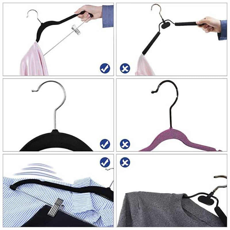 BHBD-10 Pack of Hangers with Clips, Black Velvet Grips for skirts and dresses, Ultra Slip Pants Grips