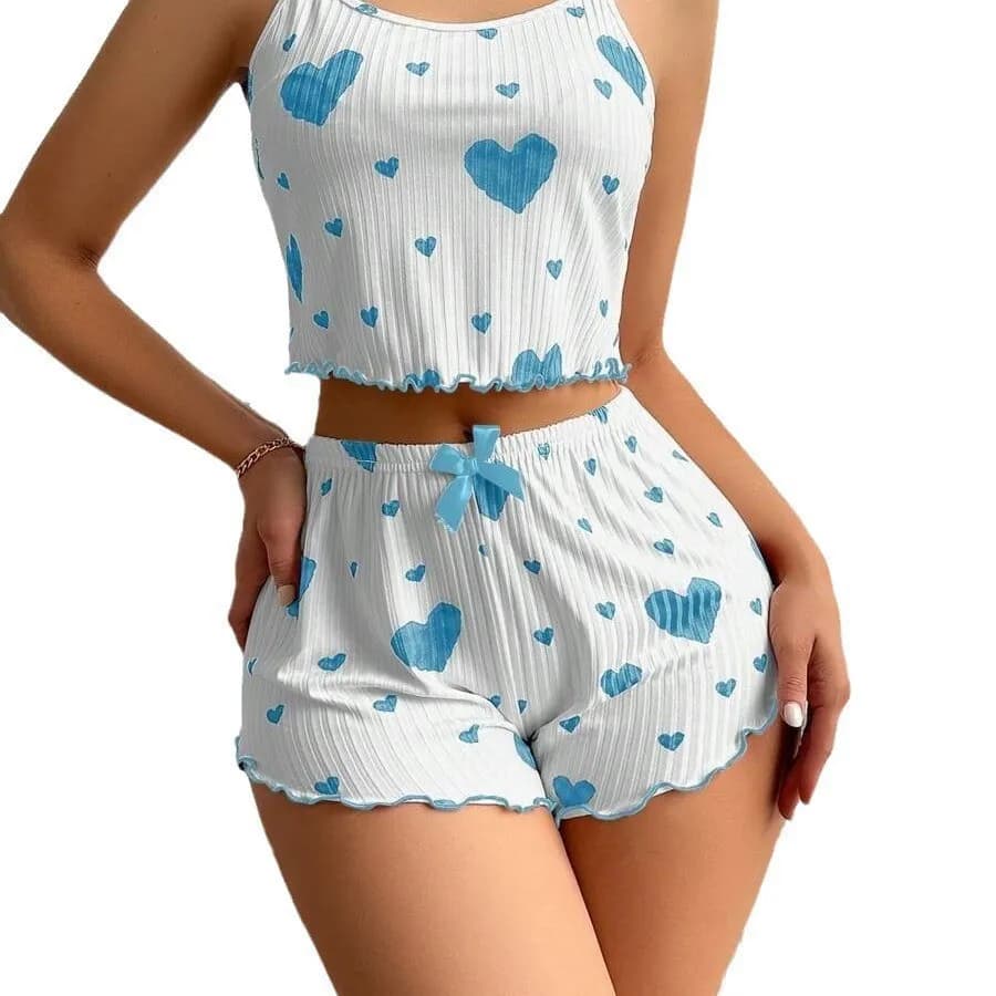 Women's pyjamas 2 pieces, short top and shorts, white, S M L sizes, breathable, soft, casual, with Love print.