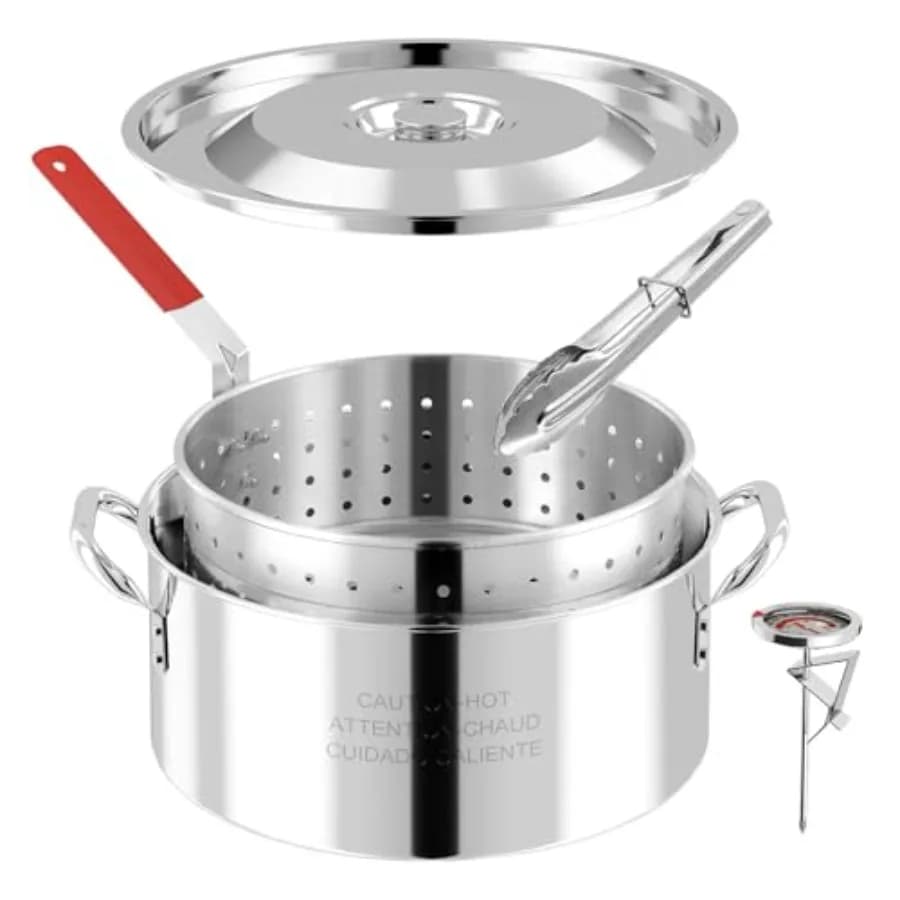 Friggitrice Profonda in Acciaio Inox da 10QT con Cestello, Friggitrice per Pesce con Coperchio e Termometro, Include Pinza per Friggere, Lavabile in Lavastoviglie