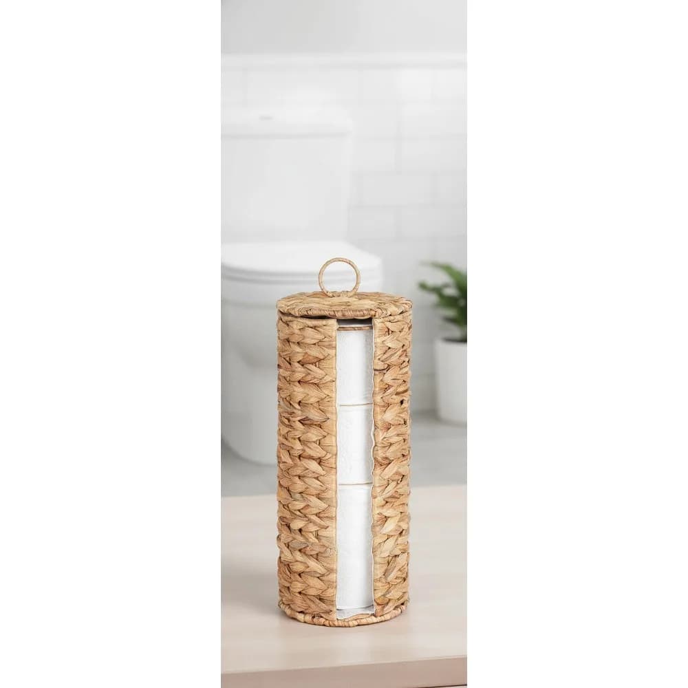 Cestino porta carta igienica Boho con coperchio - Portaoggetti in giacinto d'acqua per 4 mega rotoli, organizer da bagno