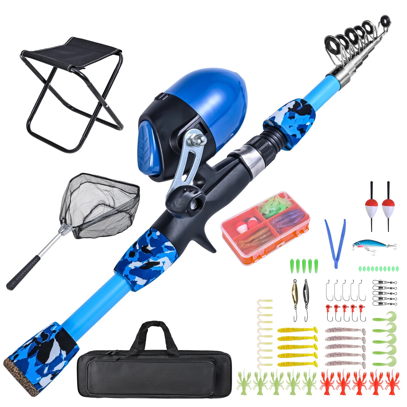 Children's fishing rod and reel combined with folding fishing stool, cherry, telescopic fishing rod equipment box