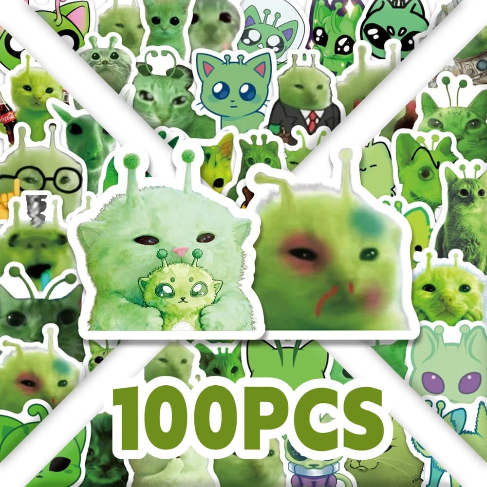 100pcs Fun Alien Cat Emoji Stickers Toy Cute Green Alien Stickers for Mobile Phone Laptop Luggage Laptop Skateboard Gift