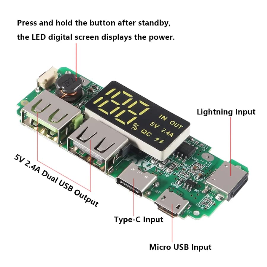 Charging card 18650 with Digital LCD display, USB Type-C and Micro USB, QC 5V 2.4A, Dual USB port for Fast charging, Fai-da-Te module for Power Bank