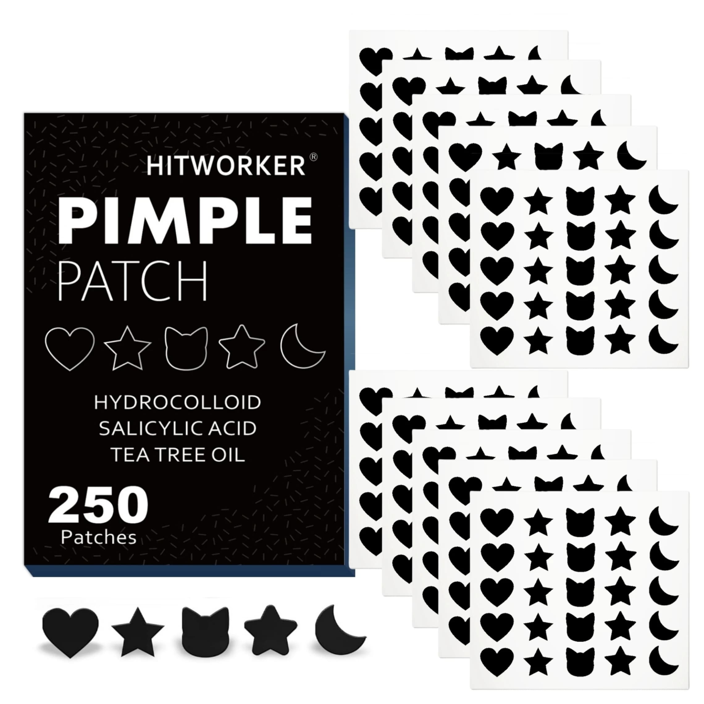 250PCS Cute Hydrocolloid Pimple Patches, Heart Star Cat Moon Blemish Cover Stickers for Face, Mixed Shape Spot Patches