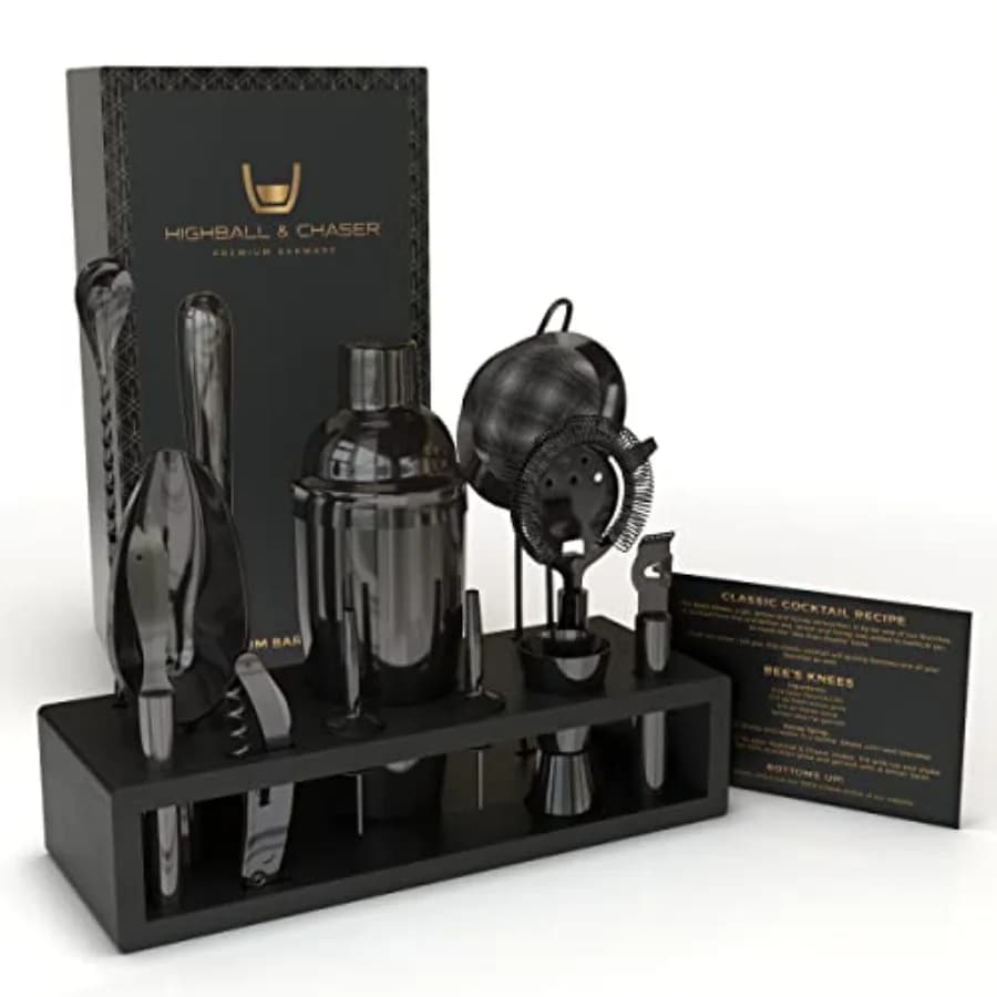 Set da Cocktail Cobbler 13 Pezzi: Kit da Barman in Acciaio Inox Nero Lucido per Bar Domestico, Strumenti Incisi al Laser Plus E