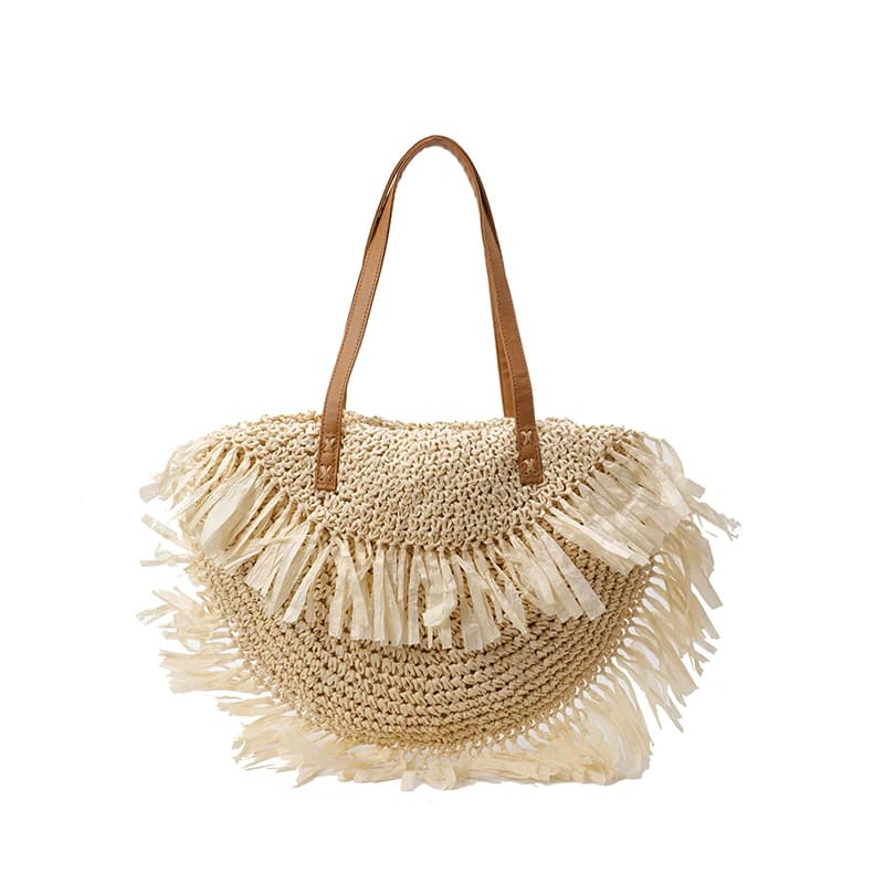 Borsa da donna in paglia con nappa Borsa da spiaggia intrecciata a mano Resistente all'usura Borsa sottobraccio a semicerchio Borsa a tracolla da viaggio femminile