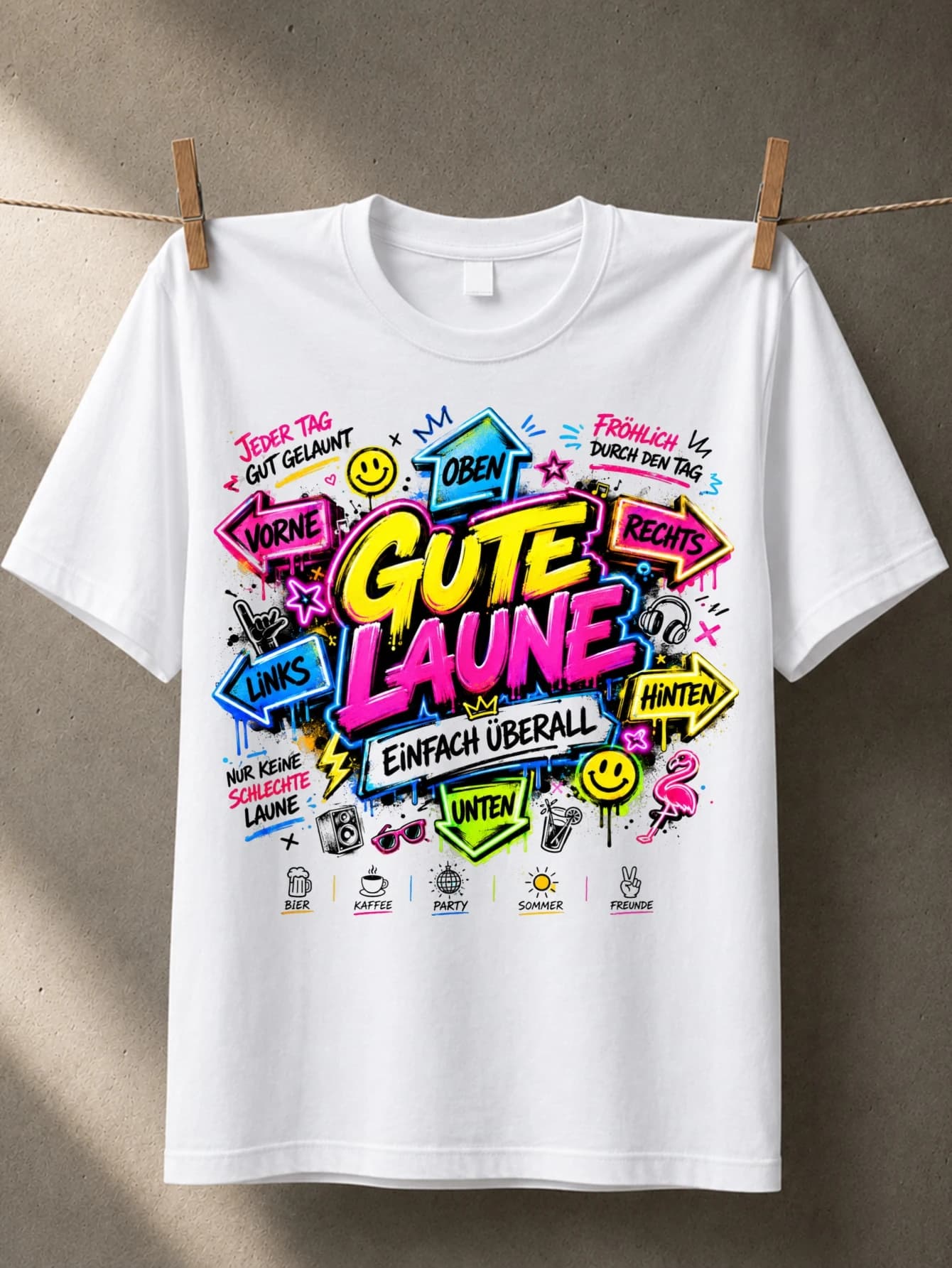 Gute Laune Einfach uberall with neon arrows SM I LEYs music icons flamingo and German party mood Unisex All T-Shirt