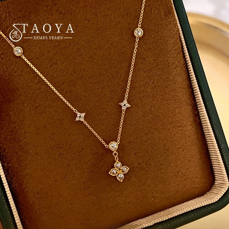 Stainless Steel Gold Color Chain Flower-shaped Rhinestone Necklace For Women Dainty Star Clavicle Chain Elegant Jewelry Gift